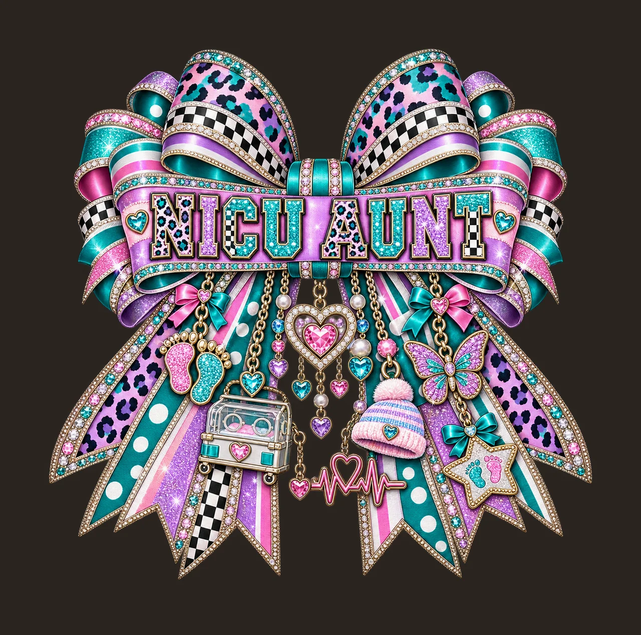 NICU Aunt Bow Charm PNG, Patterned Varsity Aunt Ribbon Clipart, Transparent Sublimation Digital Download contrast preview thumbnail