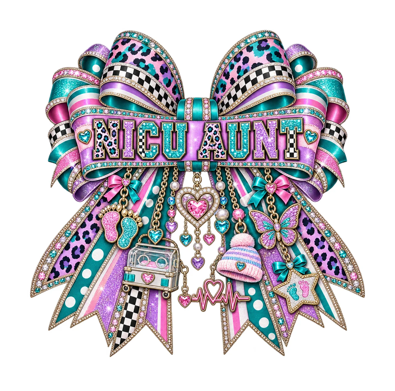 NICU Aunt Bow Charm PNG, Patterned Varsity Aunt Ribbon Clipart, Transparent Sublimation Digital Download