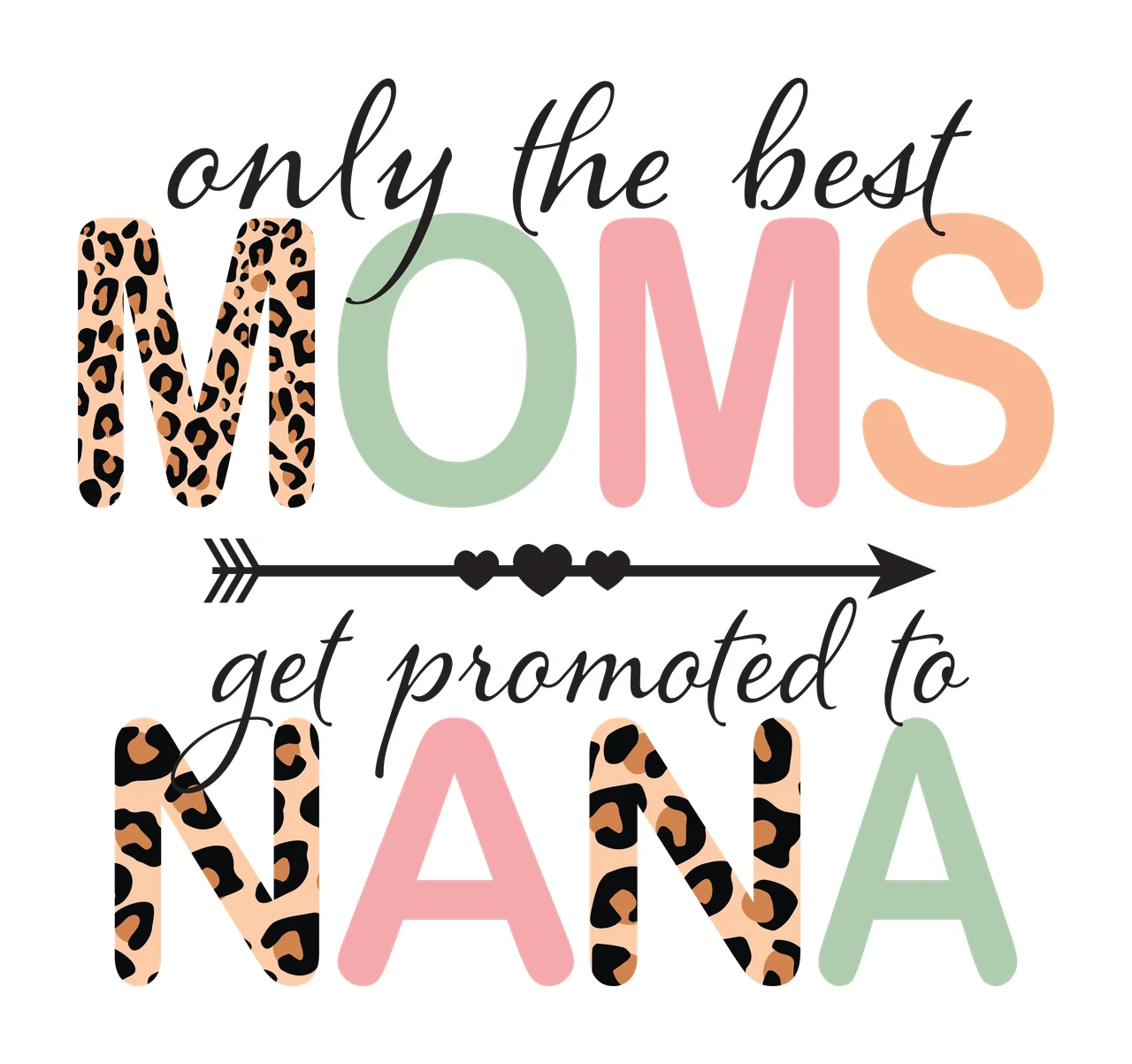 Only the best MOMS get promoted to NANA Typography Design with leopard print M and N, green O and A, pink M and A and peach S