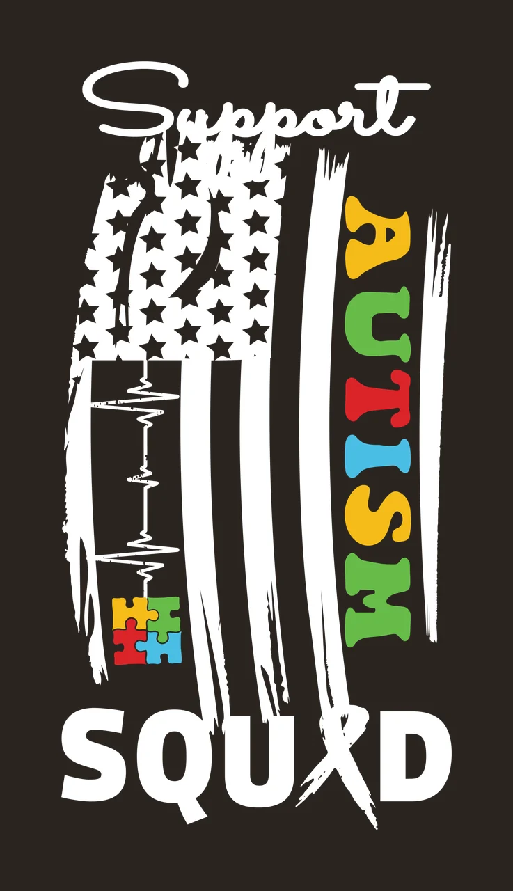 AUTISM Awareness Typography Design with vertical 'AUTISM' text and four interlocking puzzle pieces in red, yellow and green contrast preview thumbnail