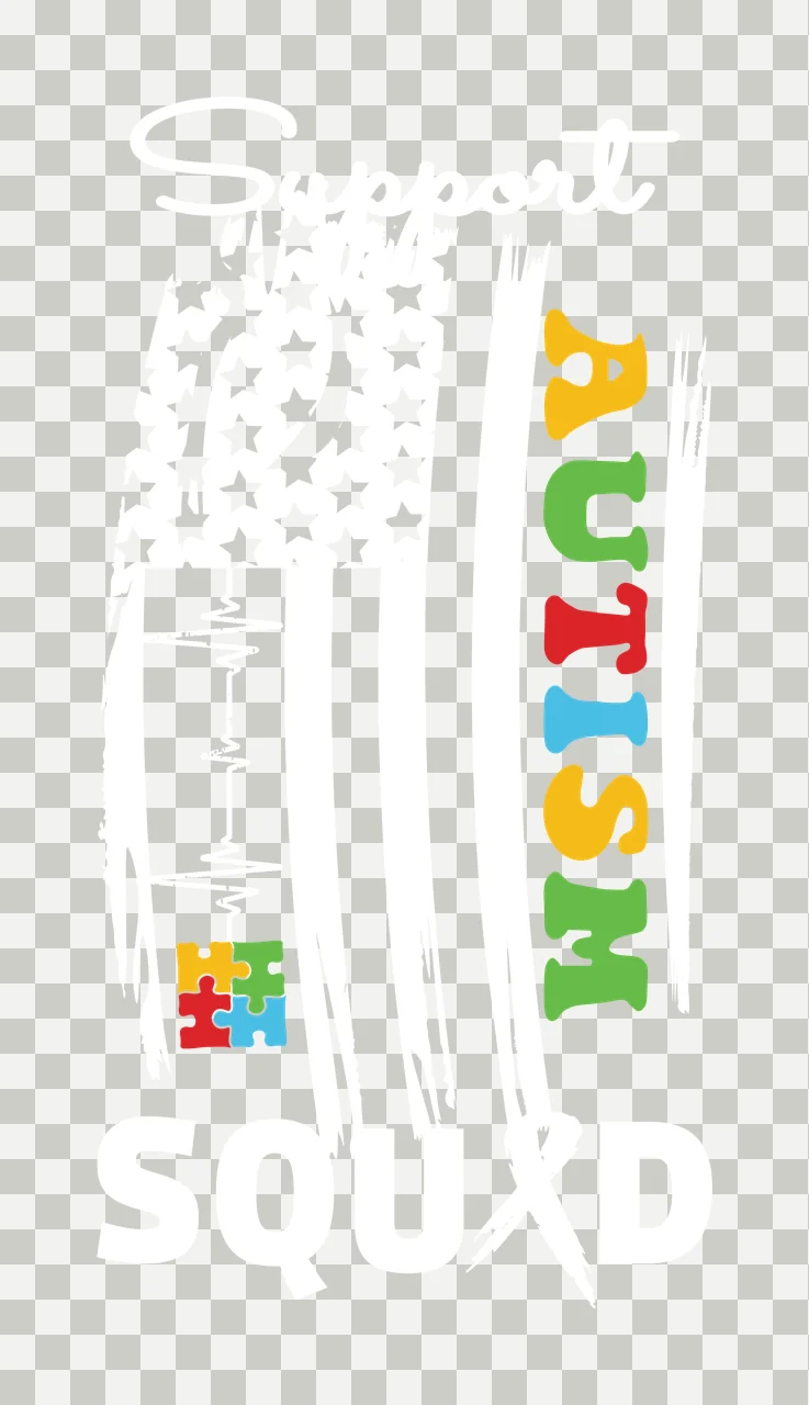 AUTISM Awareness Typography Design with vertical 'AUTISM' text and four interlocking puzzle pieces in red, yellow and green transparency and detail preview thumbnail