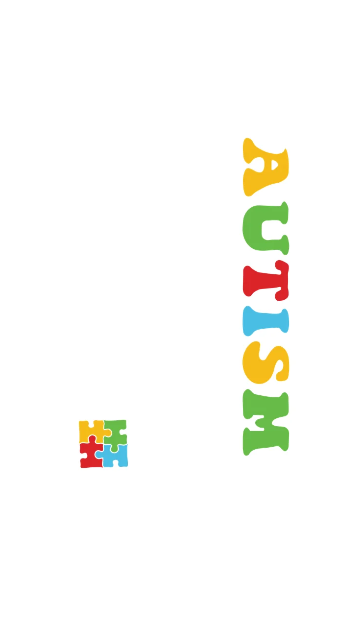 AUTISM Awareness Typography Design with vertical 'AUTISM' text and four interlocking puzzle pieces in red, yellow and green
