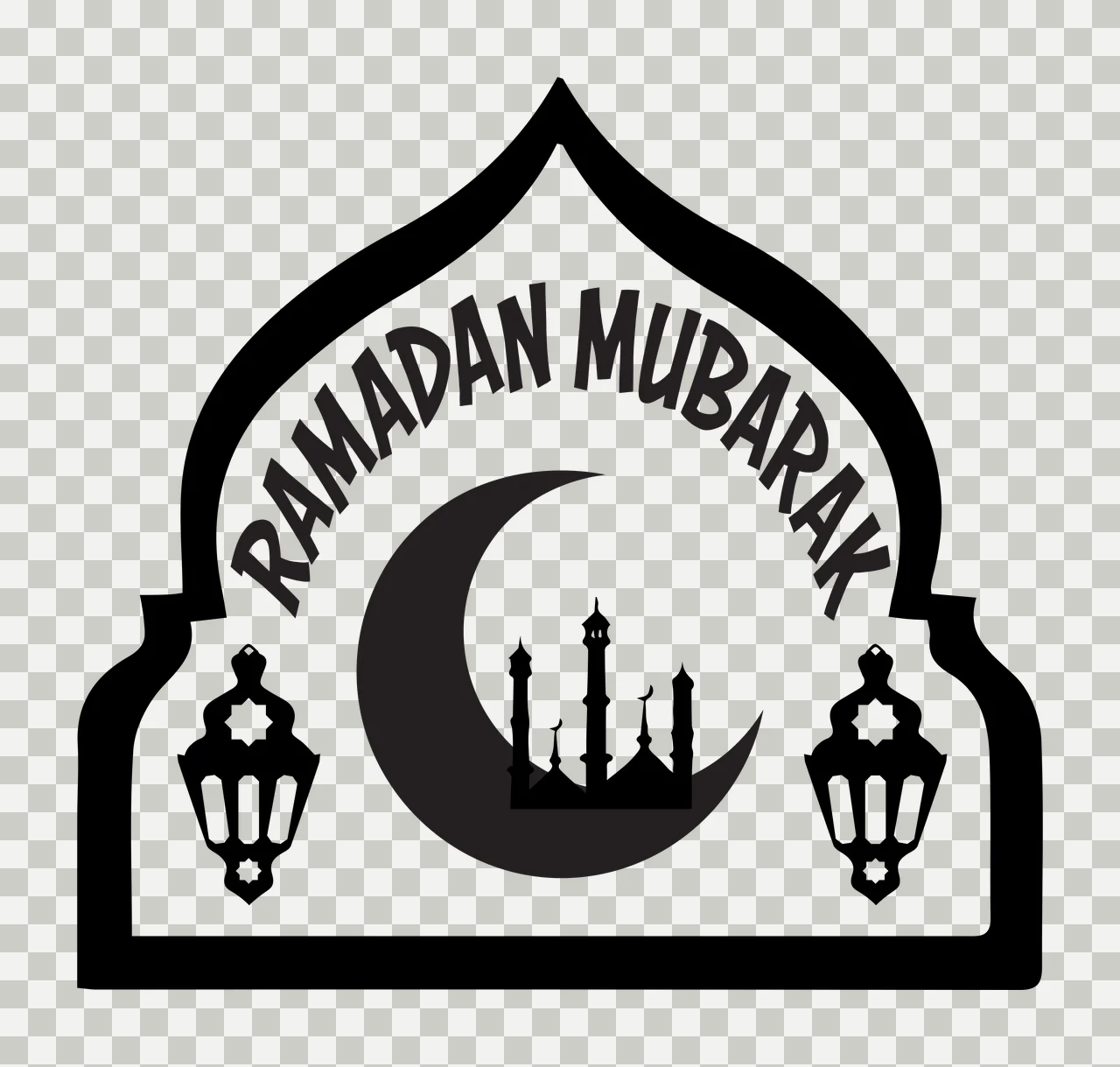 RAMADAN MUBARAK Ramadan Mubarak emblem Design with arched frame, crescent moon, mosque silhouette with minarets and two lanterns in black and white transparency and detail preview thumbnail