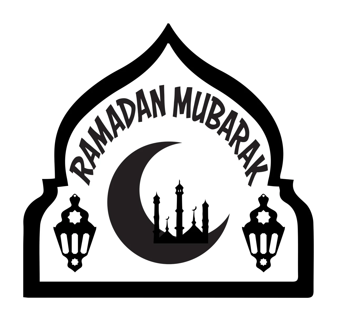 RAMADAN MUBARAK Ramadan Mubarak emblem Design with arched frame, crescent moon, mosque silhouette with minarets and two lanterns in black and white