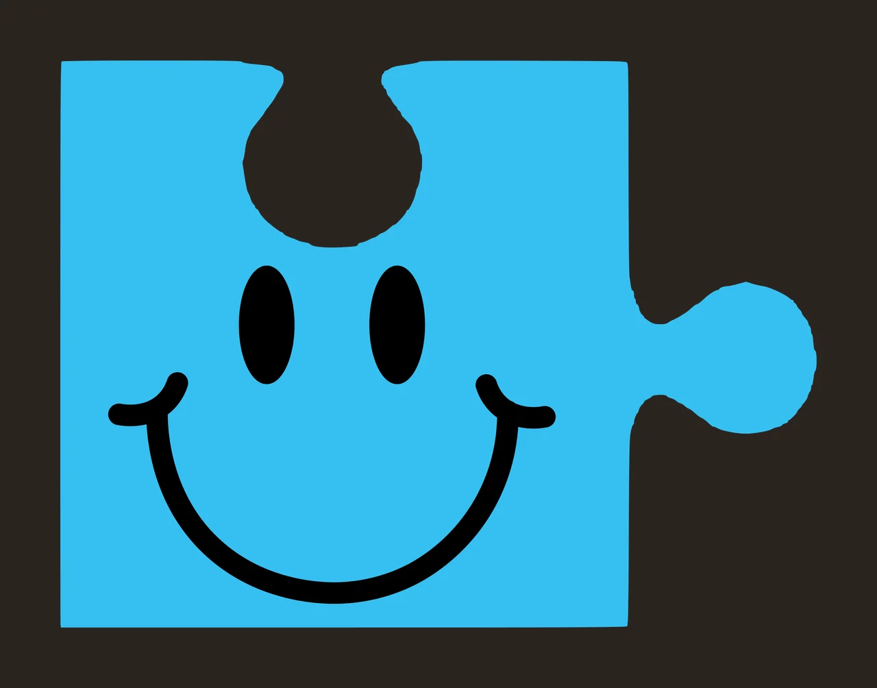 Blue puzzle piece with smiley face Illustration with black smiley face, two oval eyes, curved smile and white interlocking tab contrast preview thumbnail