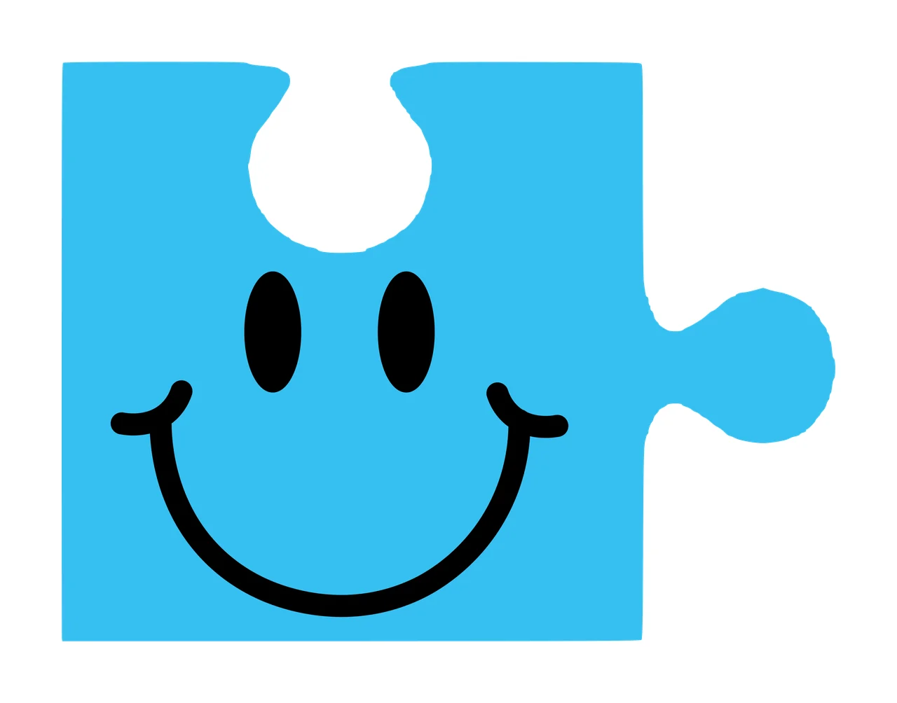 Blue puzzle piece with smiley face Illustration with black smiley face, two oval eyes, curved smile and white interlocking tab
