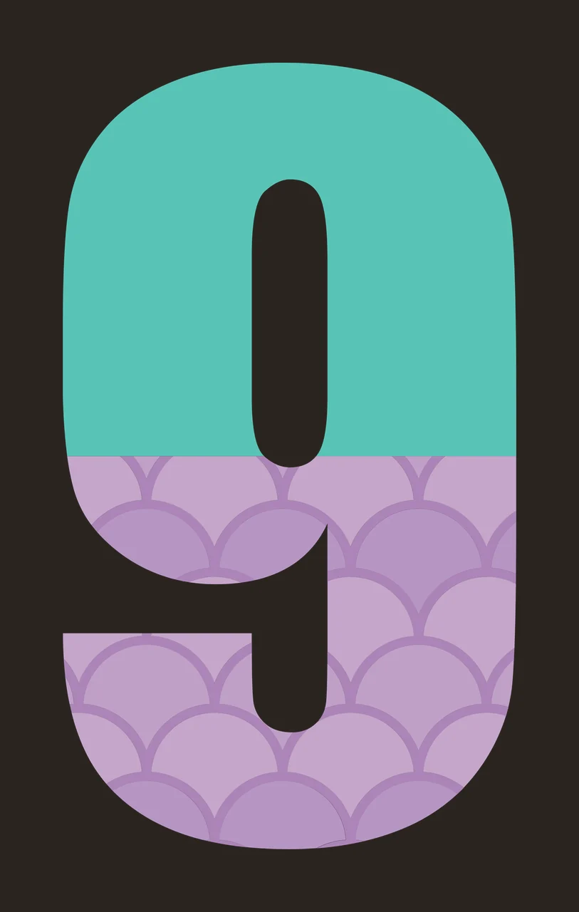 9 Number Design with scalloped pattern, scale pattern and two-tone split in teal, purple and lavender contrast preview thumbnail