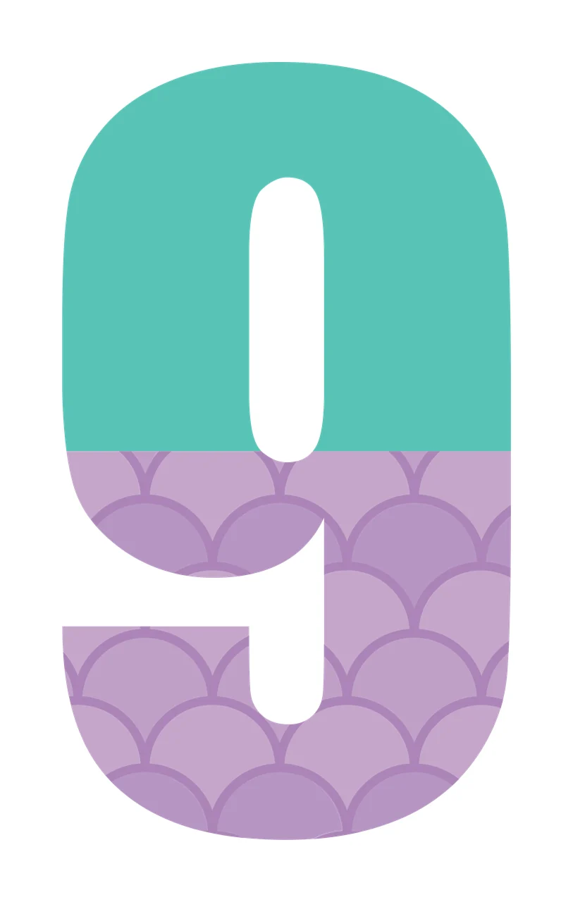 9 Number Design with scalloped pattern, scale pattern and two-tone split in teal, purple and lavender