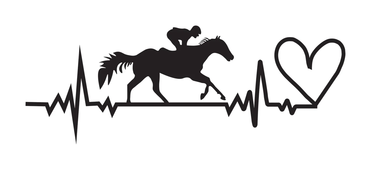 Silhouette Design of Jockey on horse with ECG line and heart with black silhouette of jockey on horse, ECG waveform line and heart shape