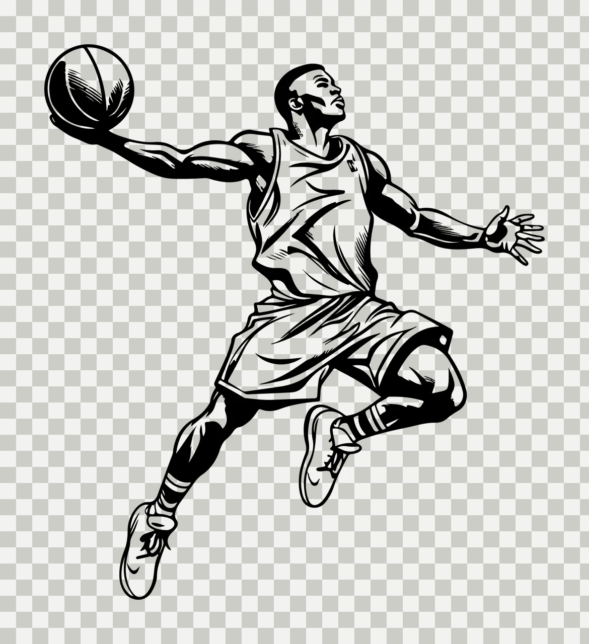 Player Jumping To Dunk Basketball black white athlete ball transparency and detail preview thumbnail