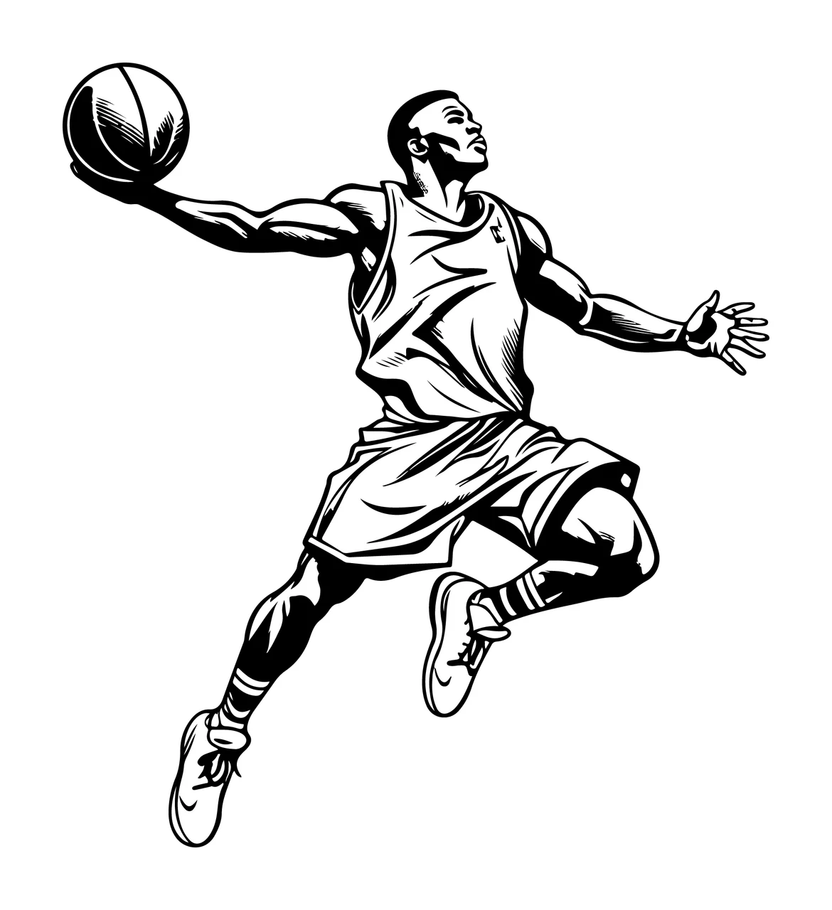 Player Jumping To Dunk Basketball black white athlete ball