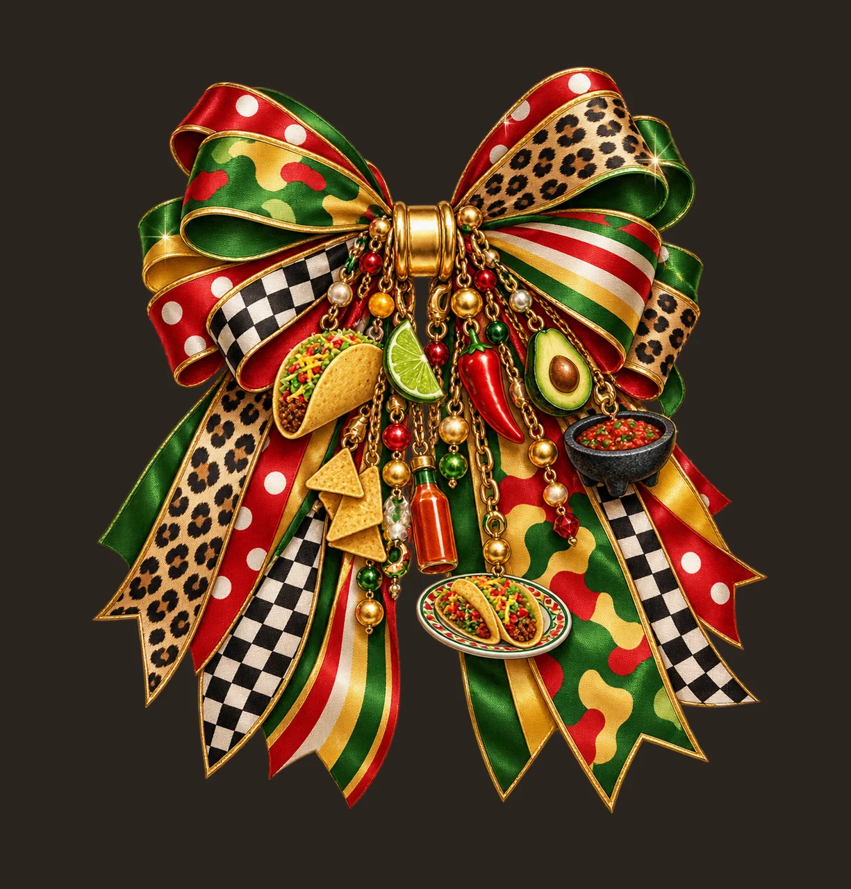 Taco Lover Bow Charm PNG, Themed Gold Chain Charms, Coquette Ribbon Sublimation Design, Transparent Digital Download contrast preview thumbnail