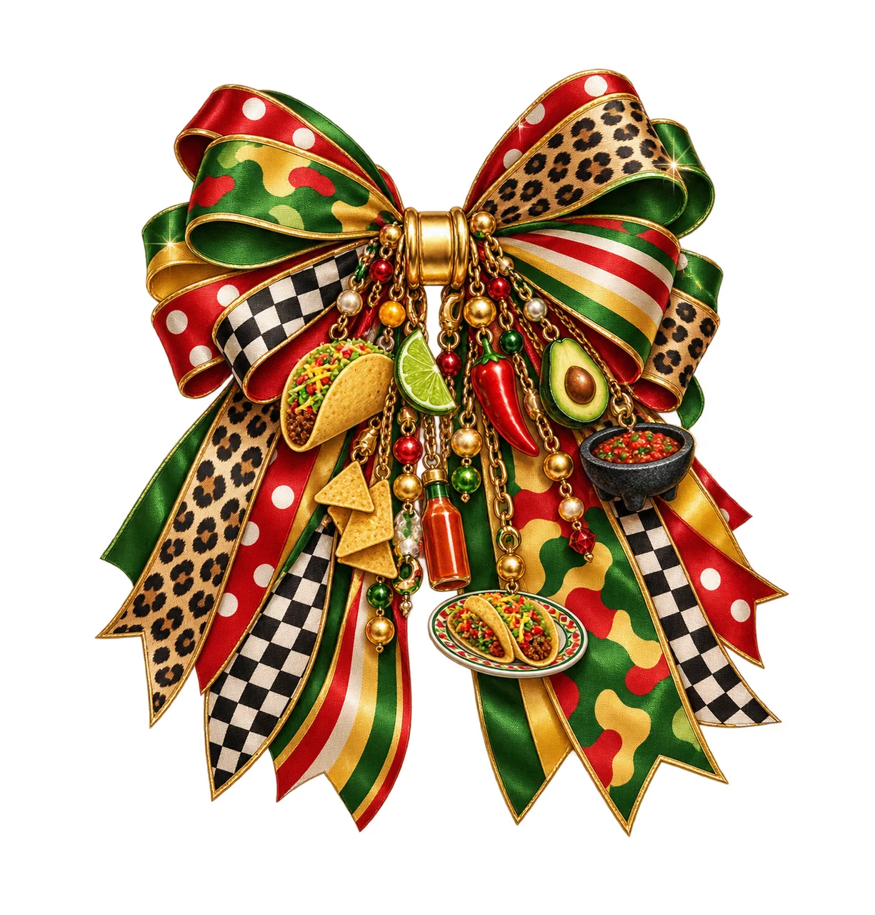 Taco Lover Bow Charm PNG, Themed Gold Chain Charms, Coquette Ribbon Sublimation Design, Transparent Digital Download