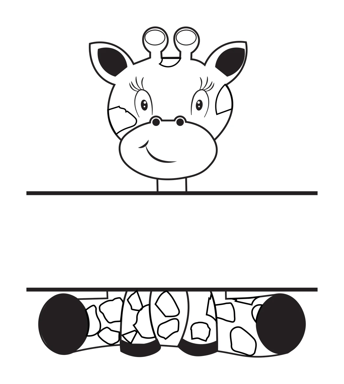 Line Art Illustration of Giraffe head and neck design with two ossicones, large eyes, smiling mouth and spotted neck in black and white