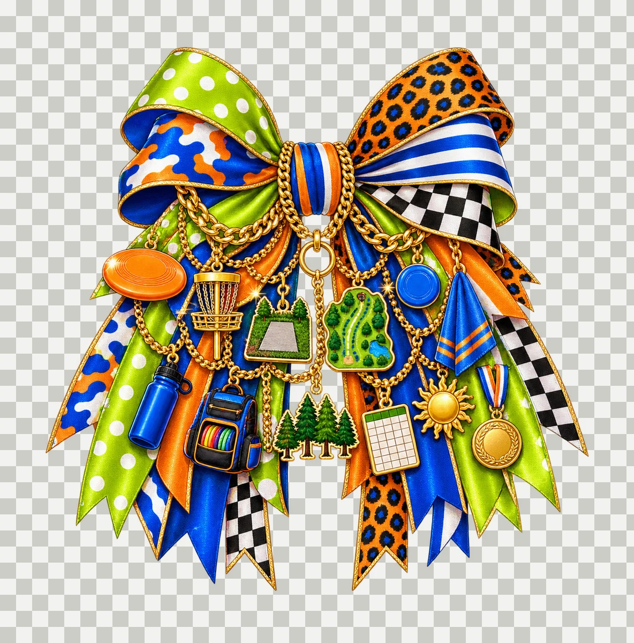 Disc Golf Lover Bow Charm PNG, Themed Gold Chain Charms, Coquette Ribbon Sublimation Design, Transparent Digital Download transparency and detail preview thumbnail