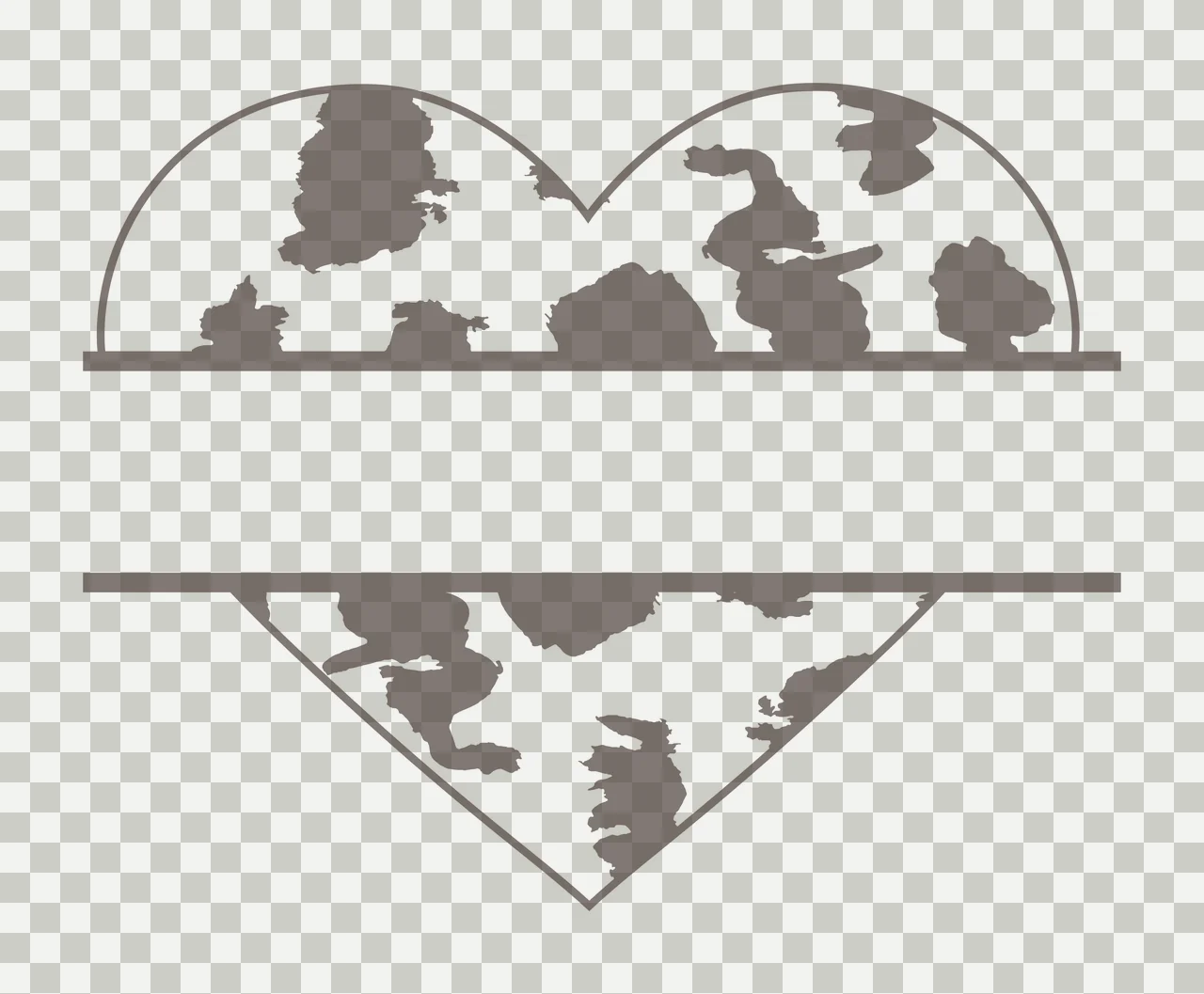 Cow print split heart monogram frame with heart shape, cow print spots, split horizontal frame and parallel lines in taupe brown and white transparency and detail preview thumbnail