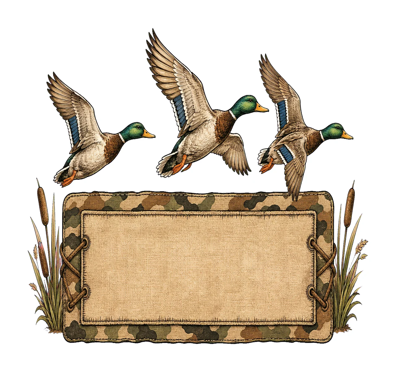 Mallard Duck wearing camo hat with name patch Variation D
