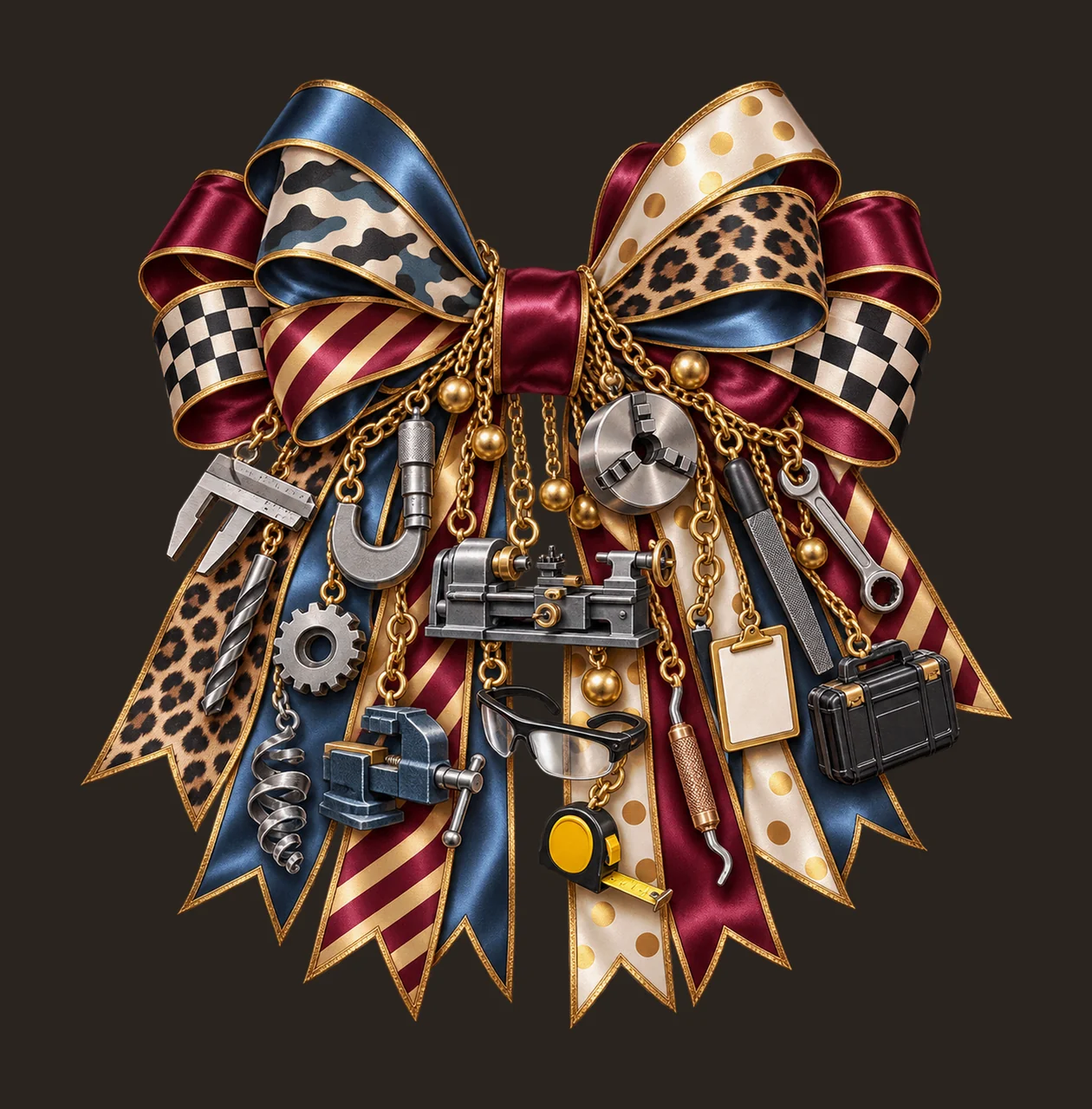 Machinist Bow Charm PNG, Themed Gold Chain Charms, Coquette Ribbon Sublimation Design, Transparent Digital Download contrast preview thumbnail