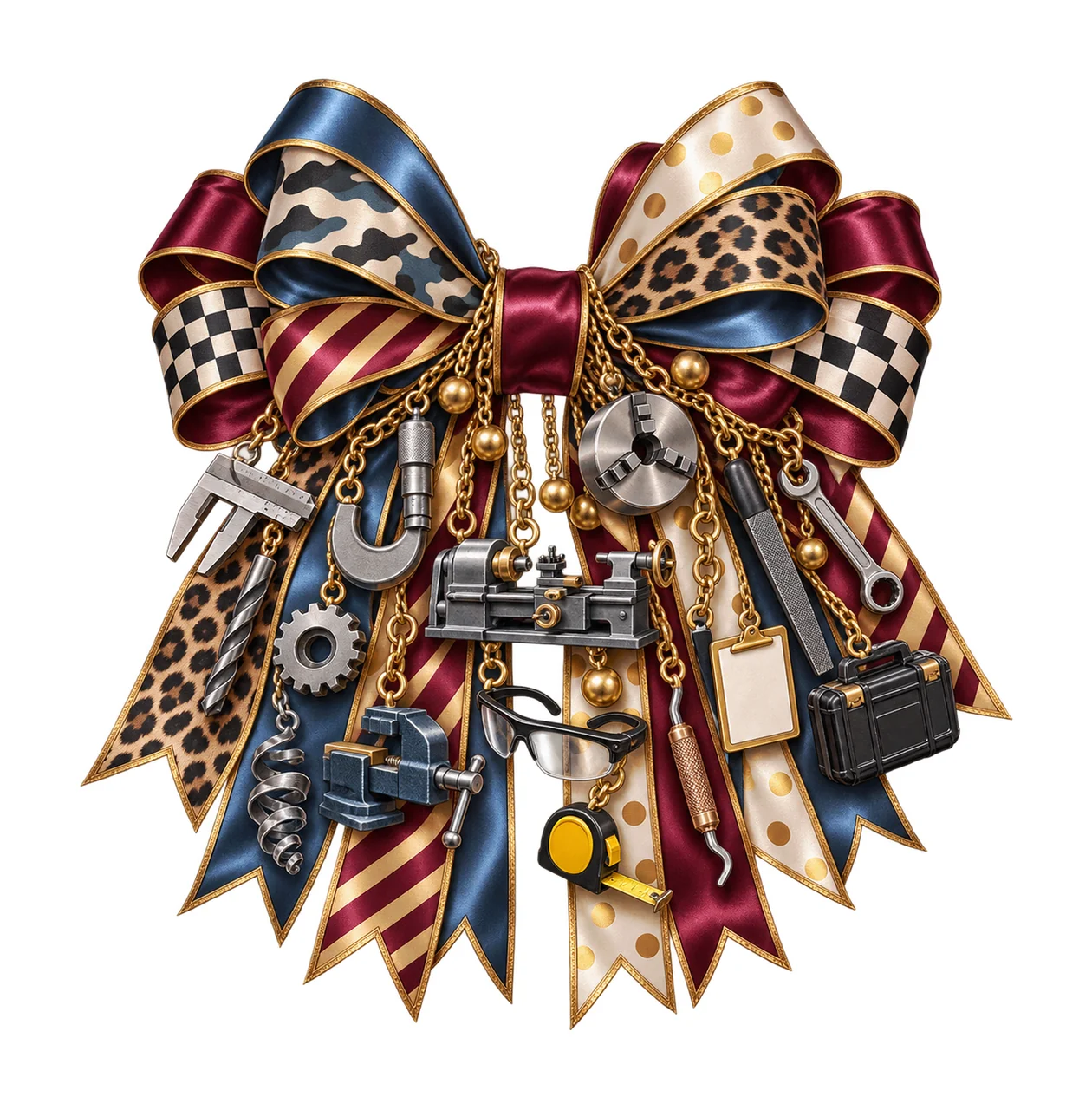 Machinist Bow Charm PNG, Themed Gold Chain Charms, Coquette Ribbon Sublimation Design, Transparent Digital Download