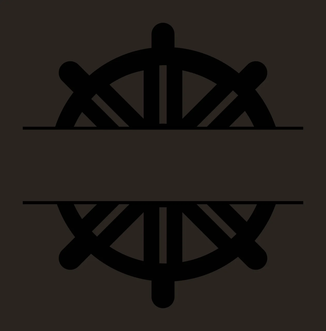Ship wheel split frame with helm, spokes, handles and horizontal lines in black and white contrast preview thumbnail