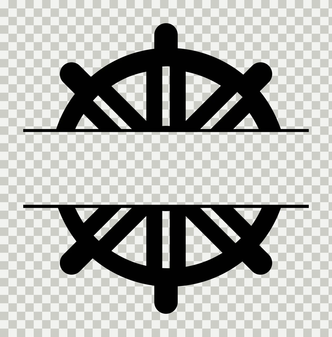 Ship wheel split frame with helm, spokes, handles and horizontal lines in black and white transparency and detail preview thumbnail