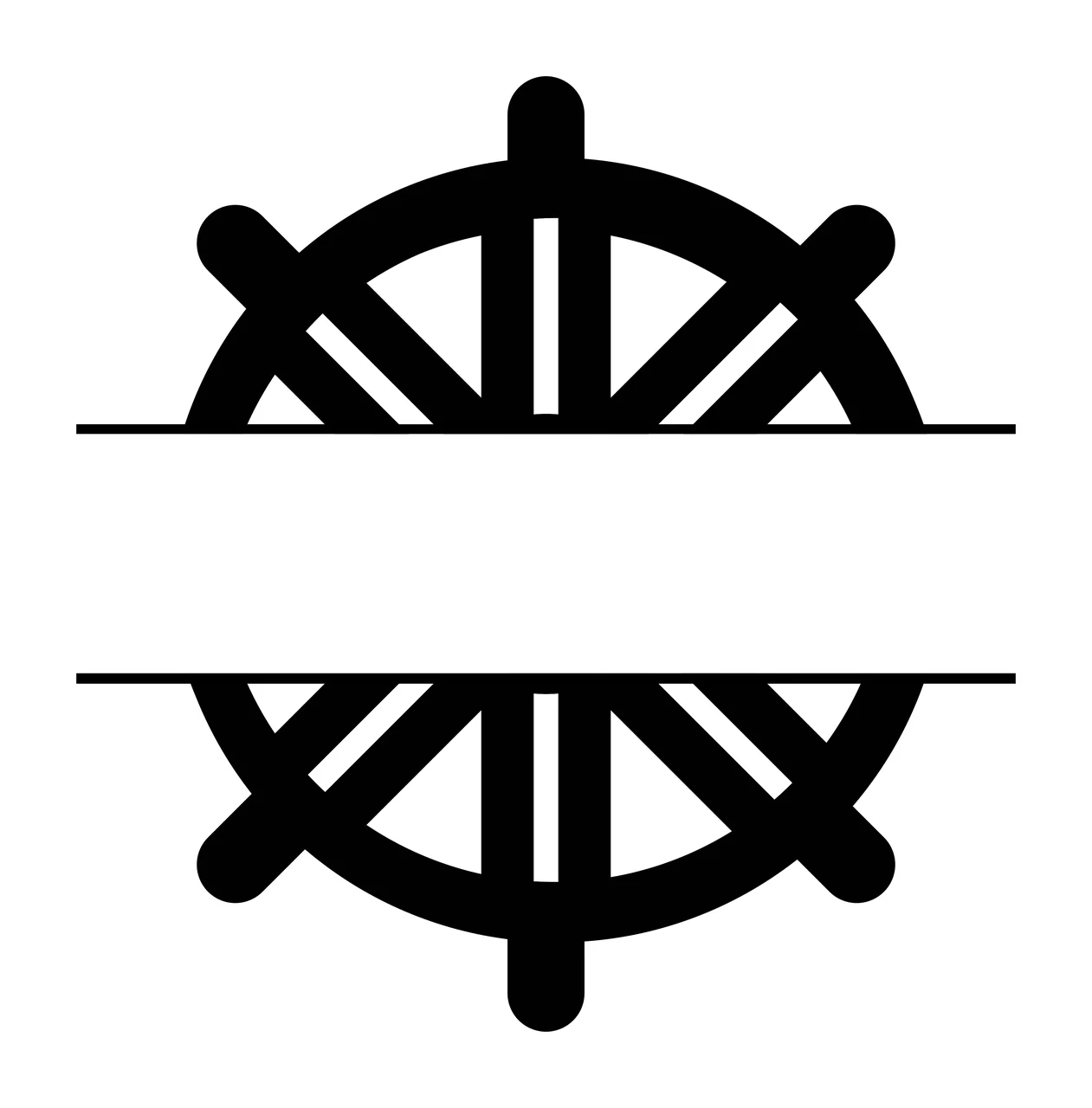 Ship wheel split frame with helm, spokes, handles and horizontal lines in black and white