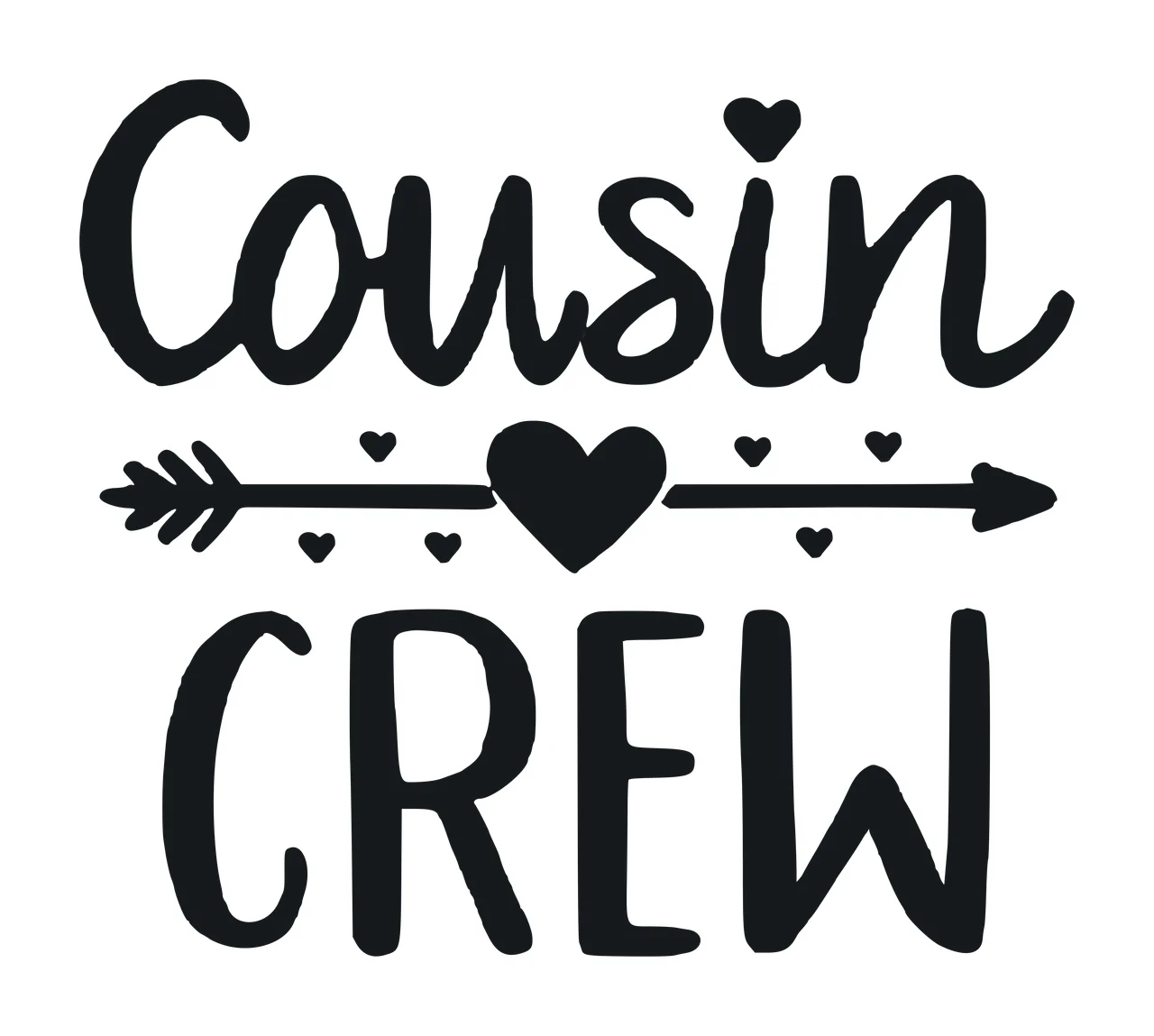 Cousin CREW Typography Design with Cousin text in cursive script, CREW text in bold block letters, horizontal arrow with feathered ends and central heart shape in black and white
