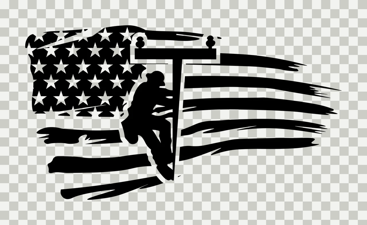 American Flag With Utility Pole Worker Climbing Stenciled graphic transparency and detail preview thumbnail