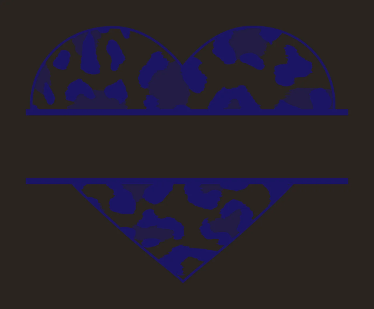 Split heart monogram frame with heart shape, leopard print, horizontal lines and empty text space in navy blue, lavender and white contrast preview thumbnail