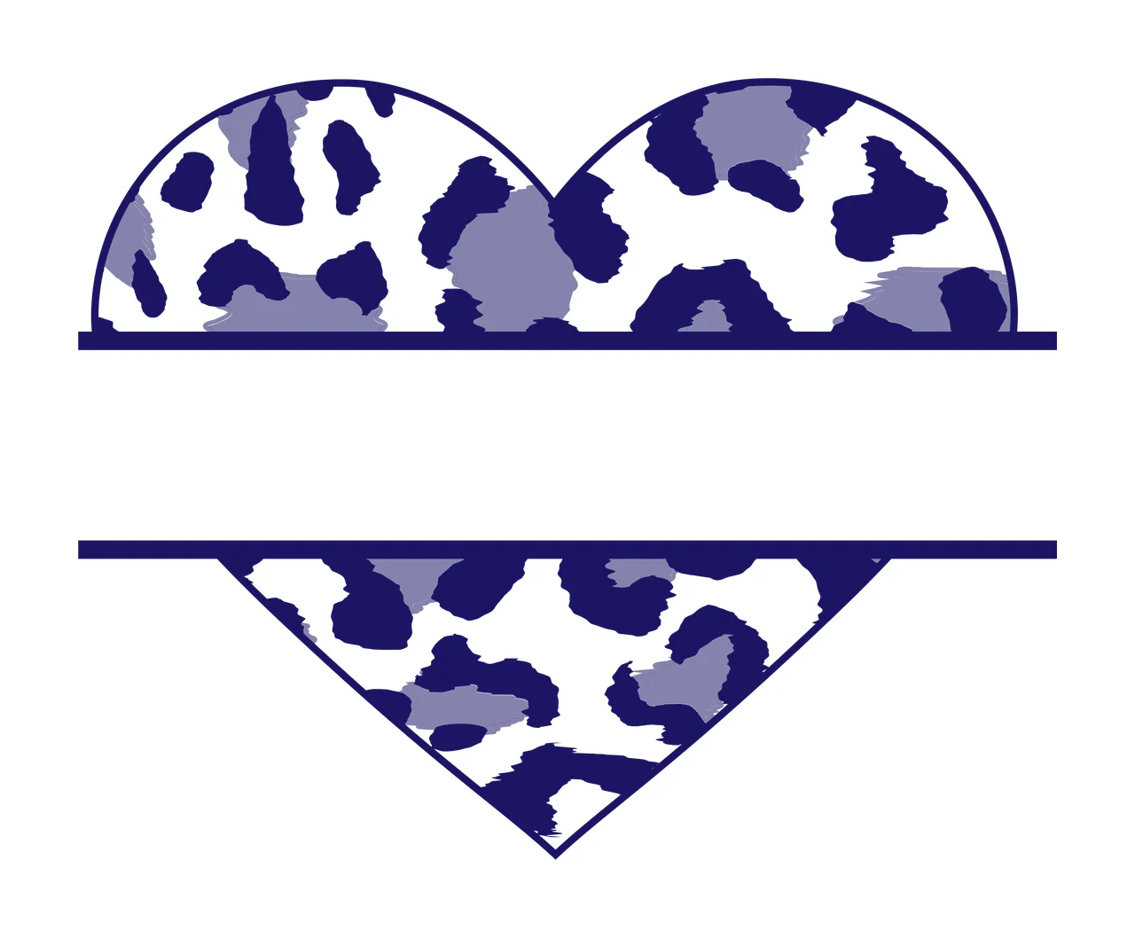 Split heart monogram frame with heart shape, leopard print, horizontal lines and empty text space in navy blue, lavender and white