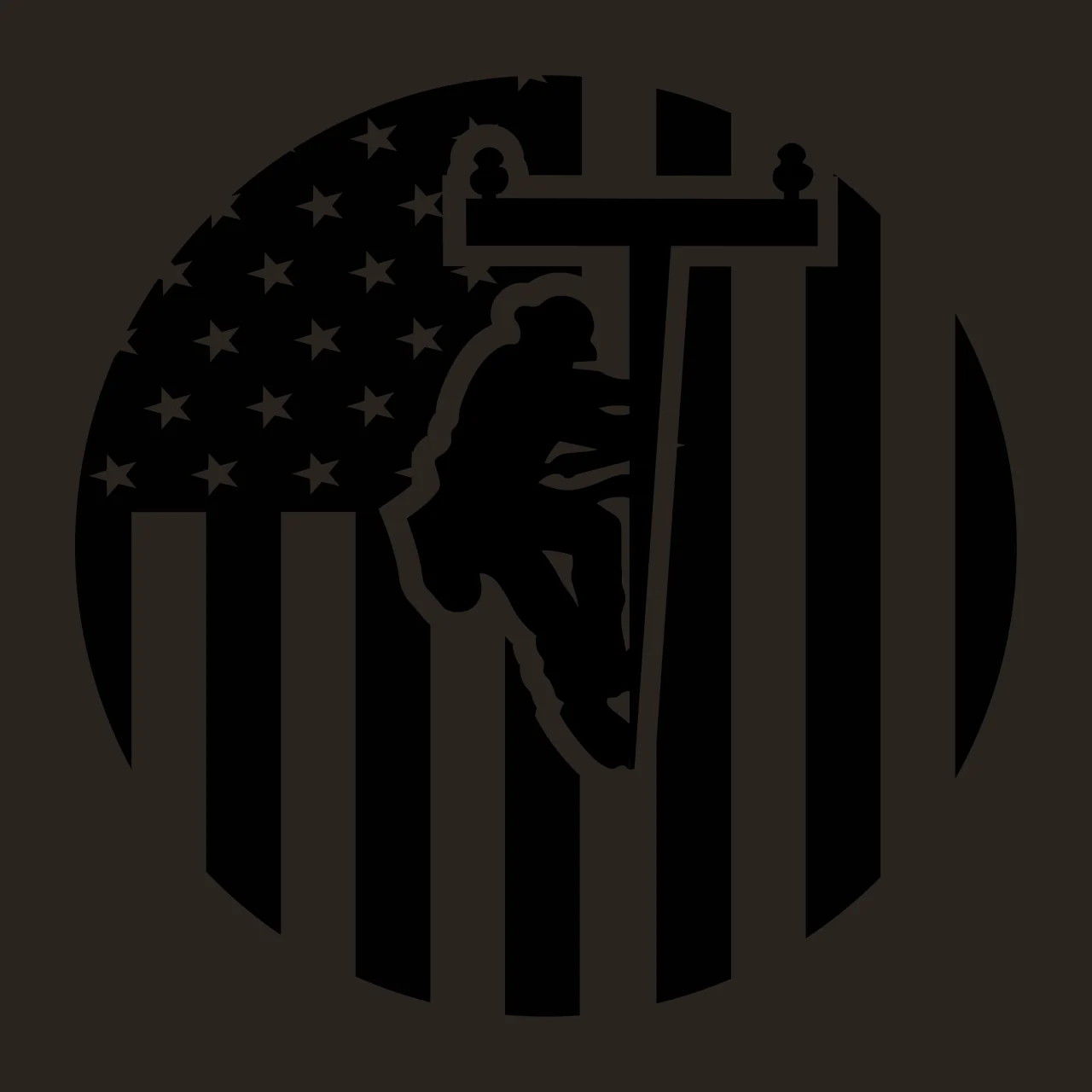 Utility worker silhouette Illustration with lineman silhouette, utility pole, American flag pattern and stars and stripes in black and white contrast preview thumbnail