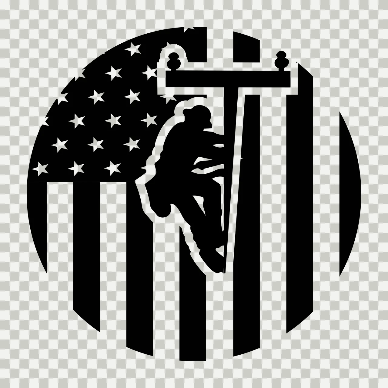 Utility worker silhouette Illustration with lineman silhouette, utility pole, American flag pattern and stars and stripes in black and white transparency and detail preview thumbnail