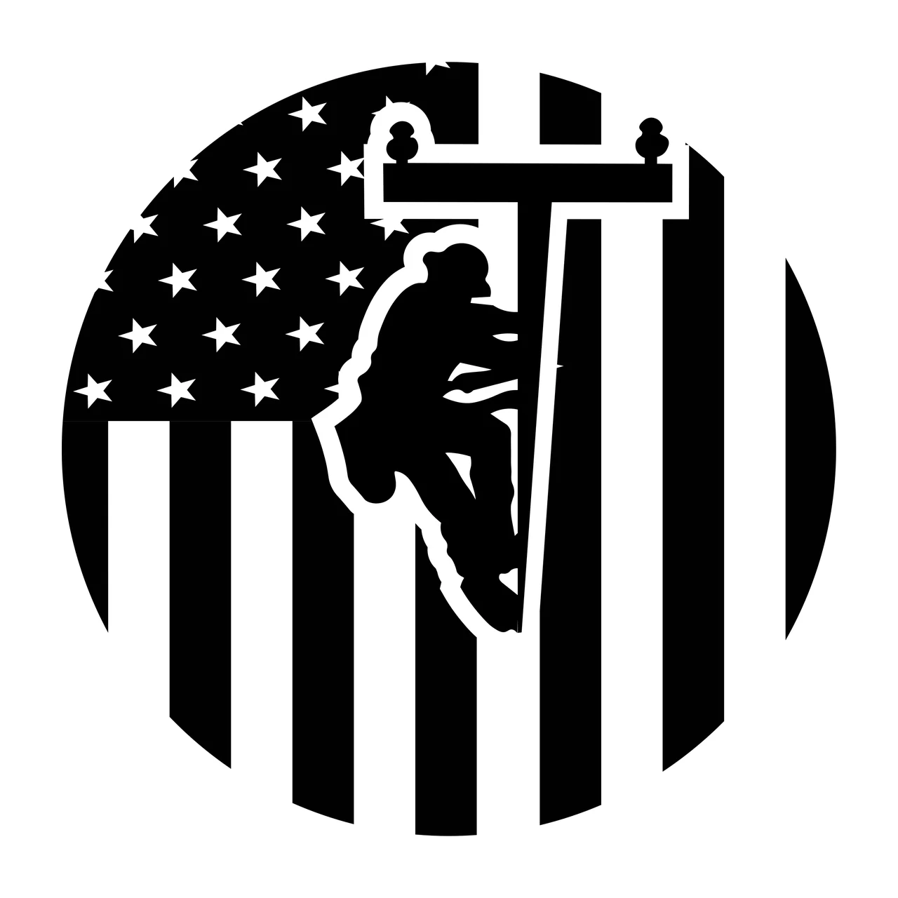 Utility worker silhouette Illustration with lineman silhouette, utility pole, American flag pattern and stars and stripes in black and white
