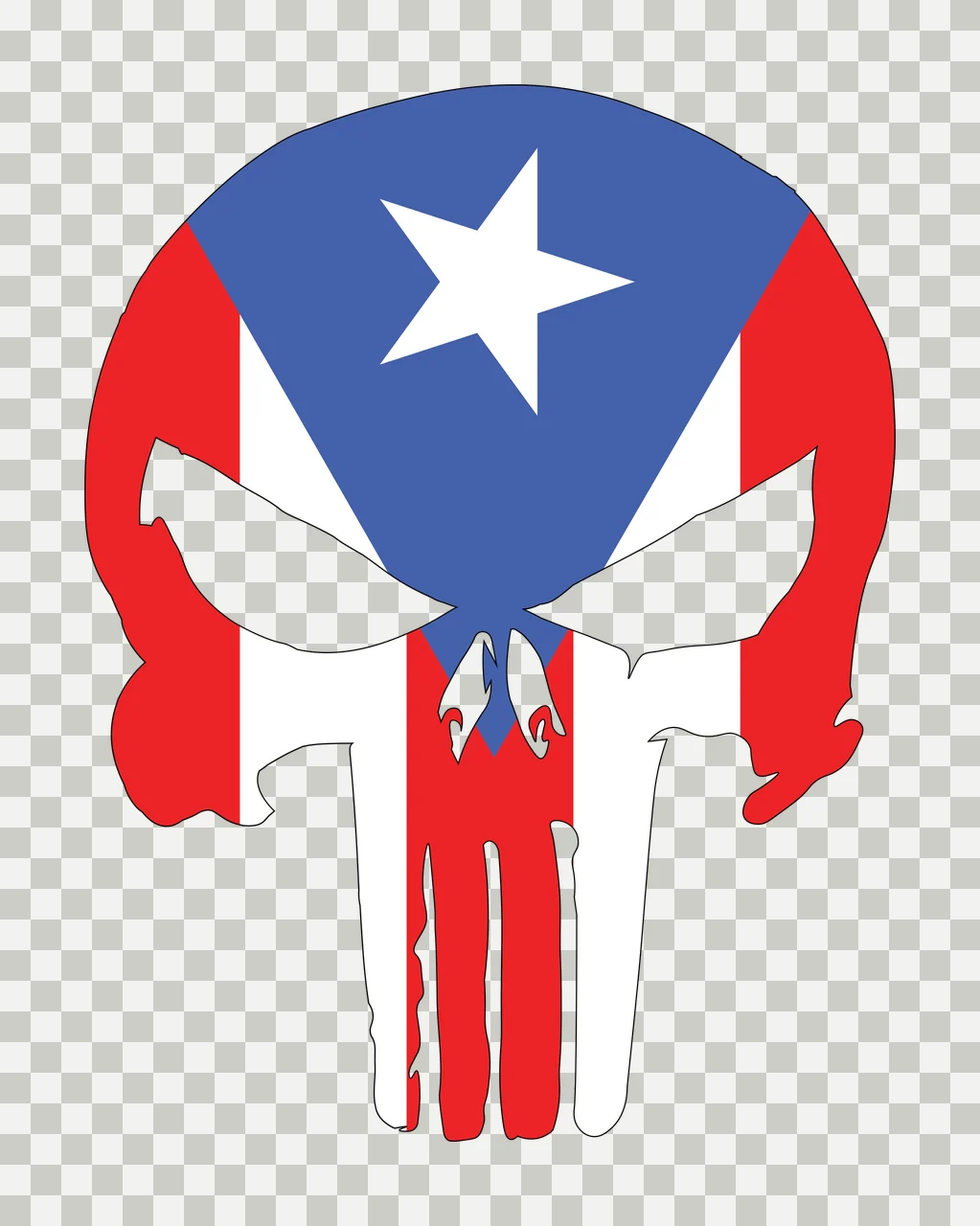 Stylized skull with flag pattern Illustration with star, stripes and teeth in red, white and blue transparency and detail preview thumbnail