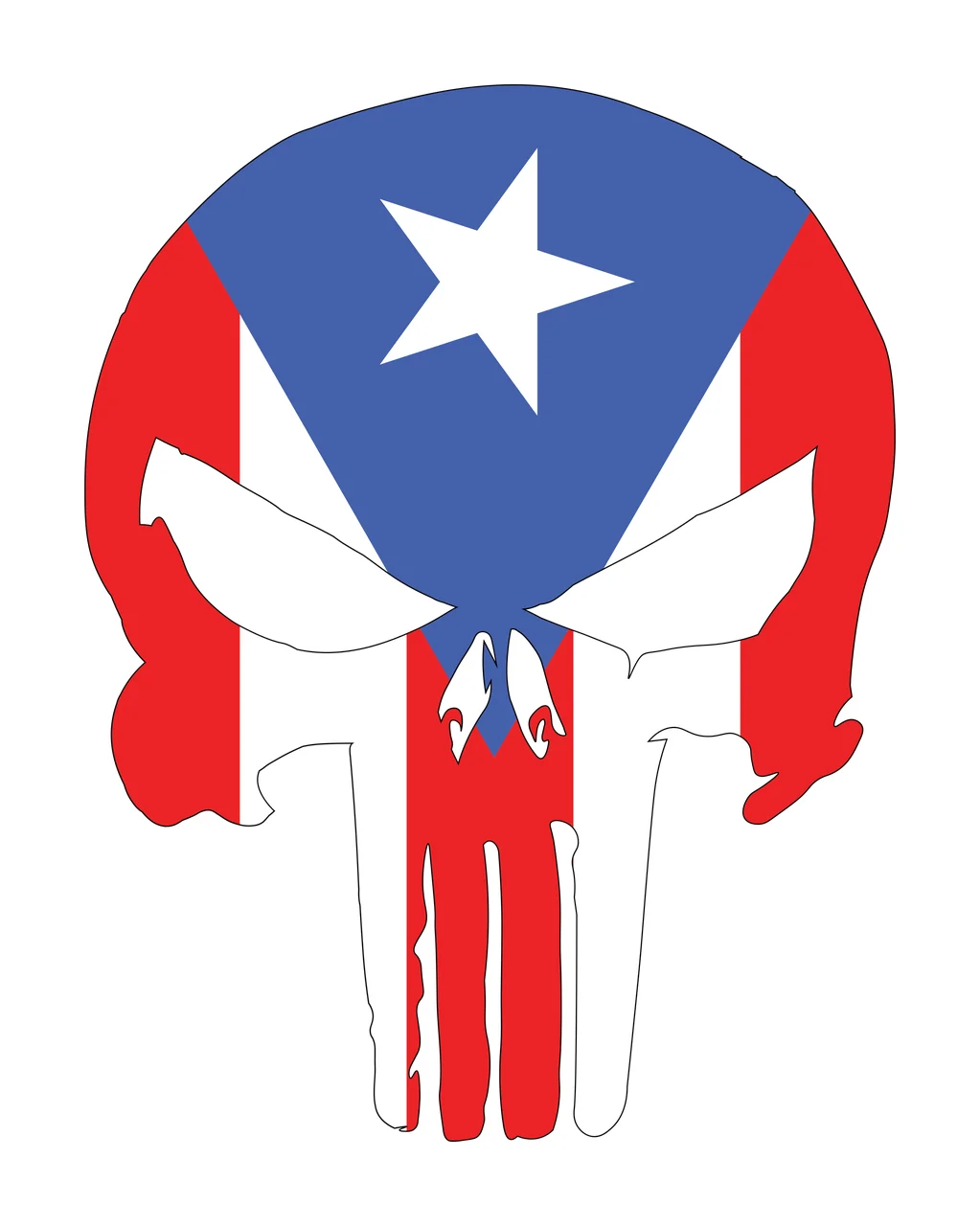 Stylized skull with flag pattern Illustration with star, stripes and teeth in red, white and blue