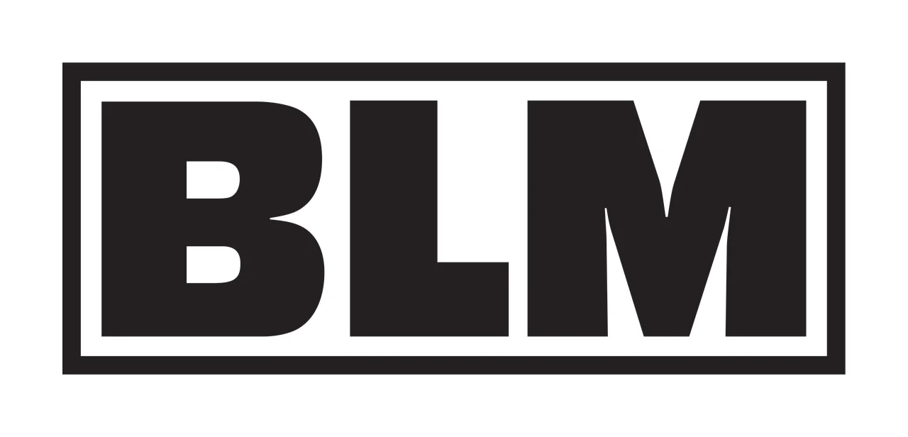 BLM Typography Design with BLM acronym text, bold sans-serif font, rectangular border frame and white canvas in black