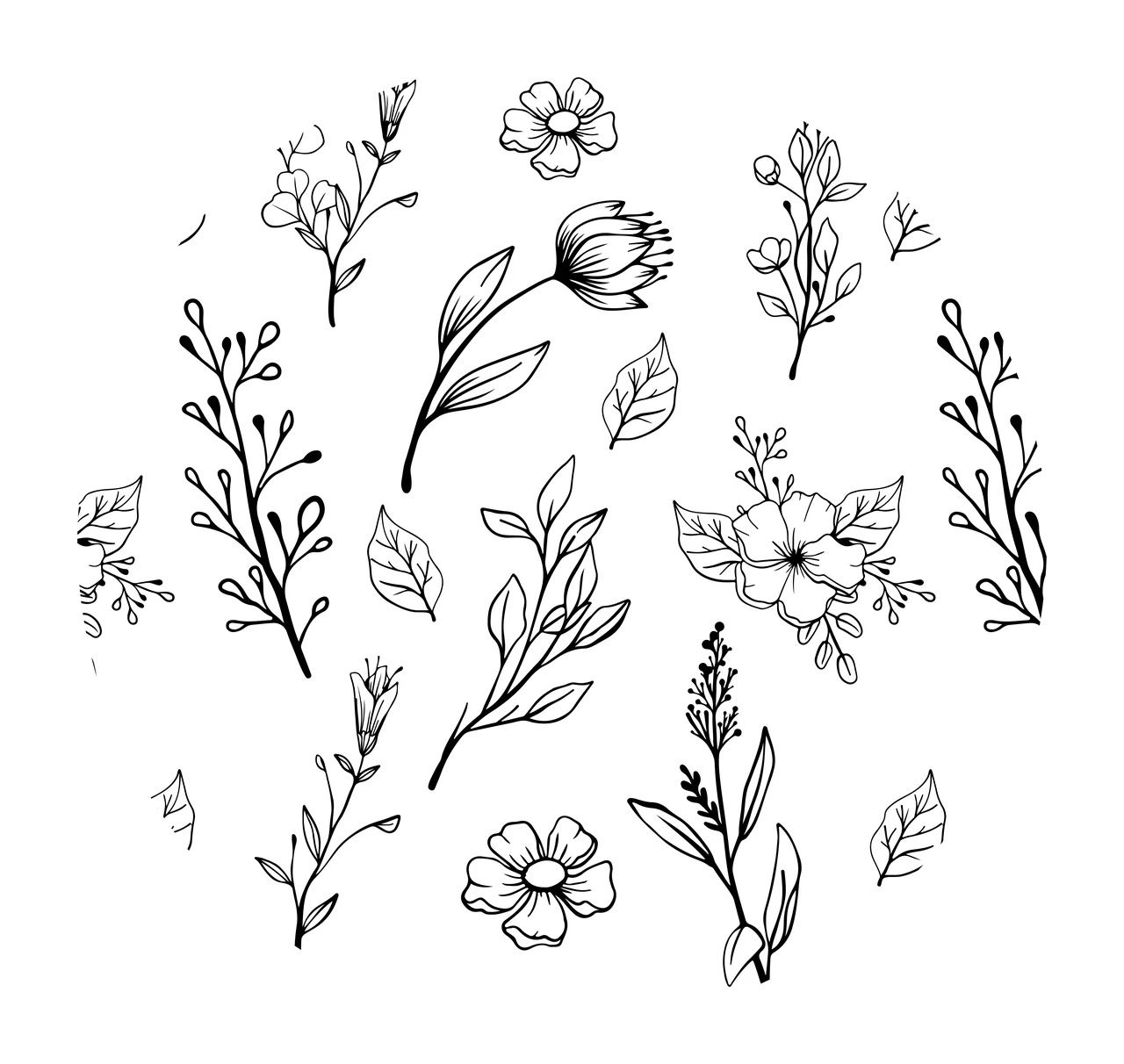 Keychain White Line Drawing Botanical Flower Pattern elements