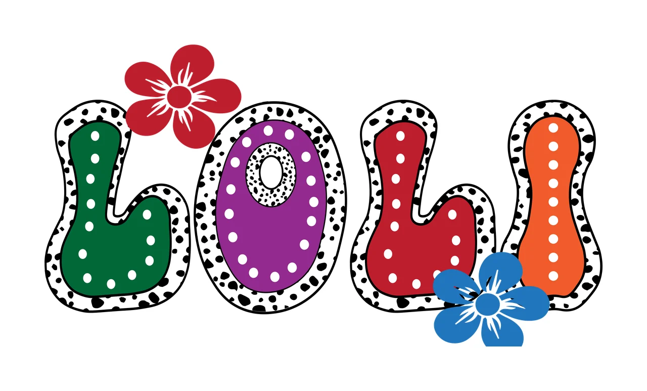Loli Bubble Lettering With Flowers letters dots black white