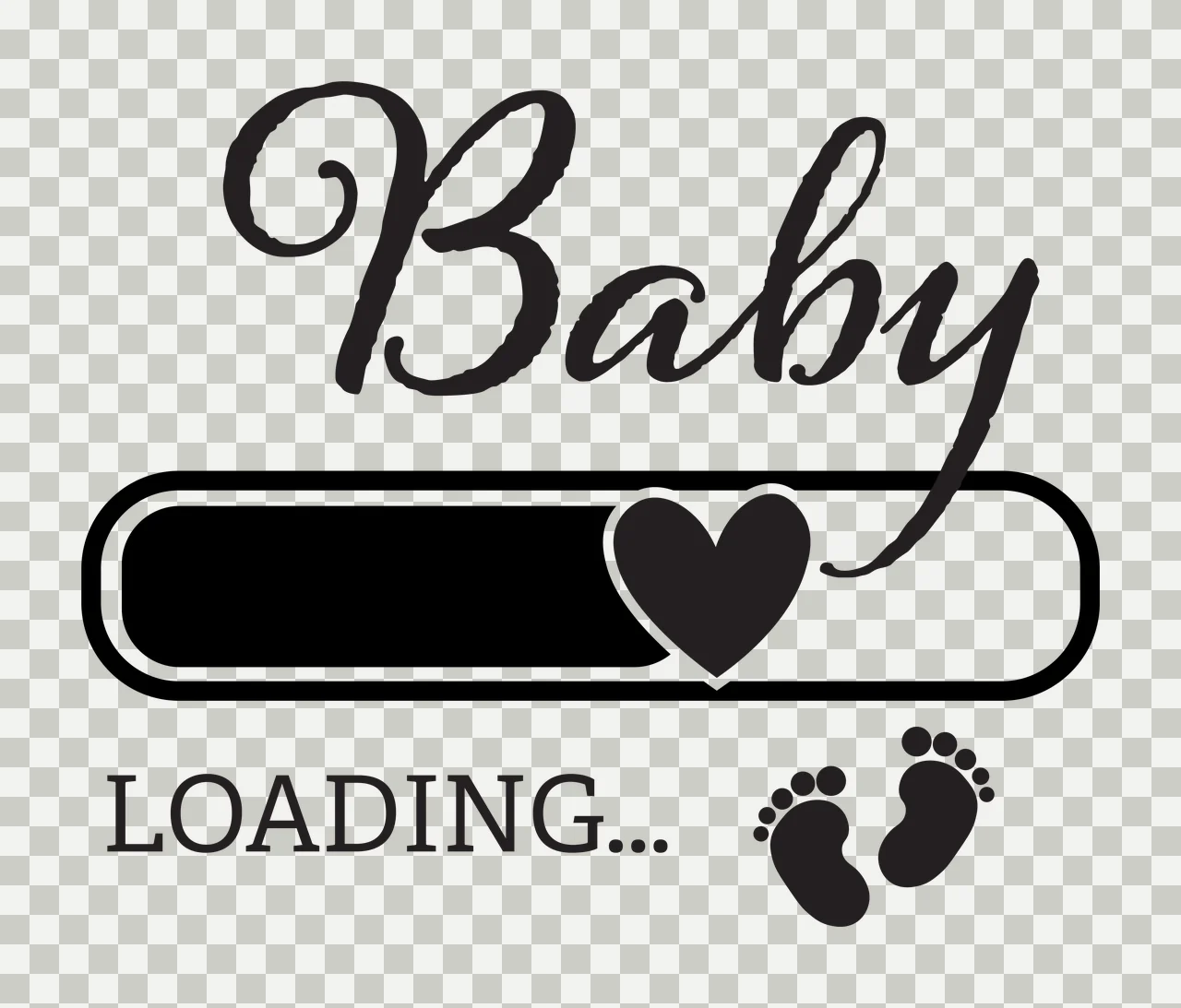 Baby LOADING... pregnancy announcement Design with script typography, progress bar, heart icon and baby footprints in black and white transparency and detail preview thumbnail