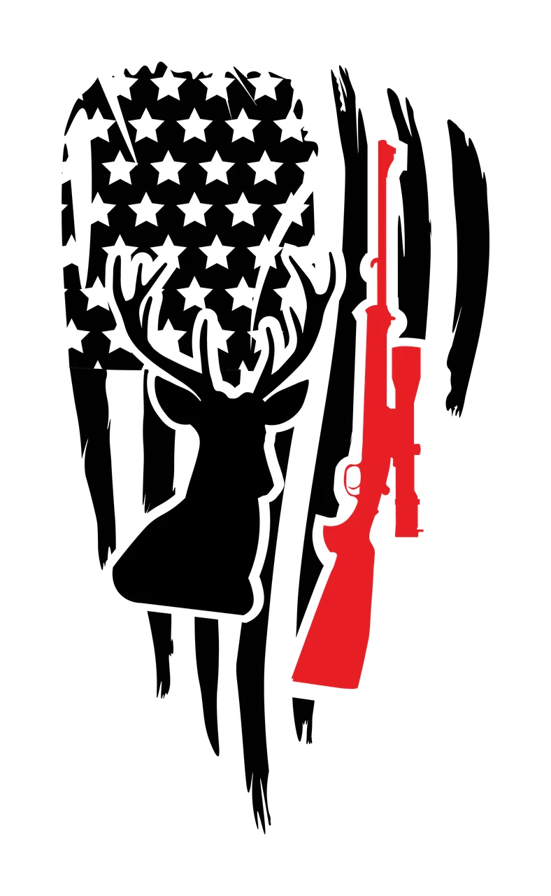 Distressed Flag With Deer And Rifle stars stripes head black