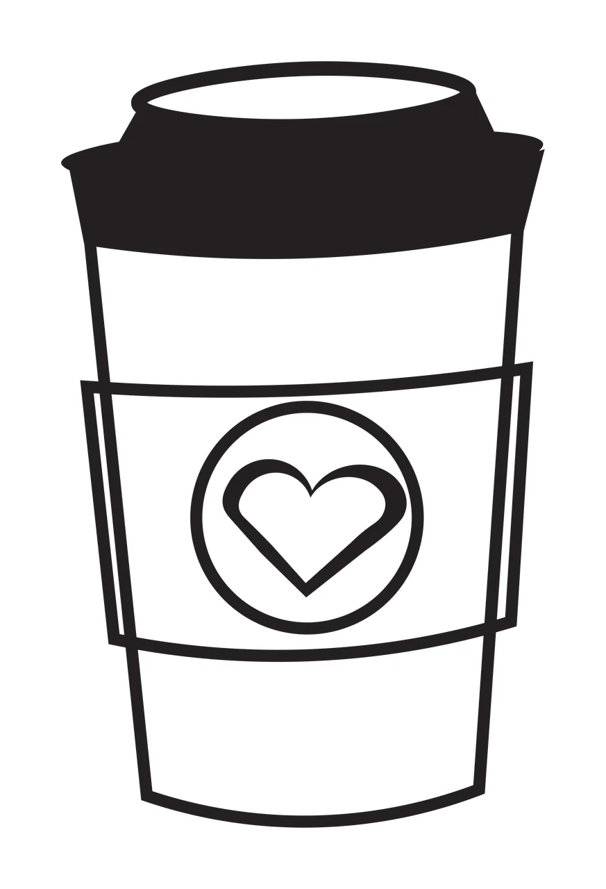 Line Art Illustration of To-go coffee cup with heart logo with black lid, white cup body, black sleeve and black heart inside circle
