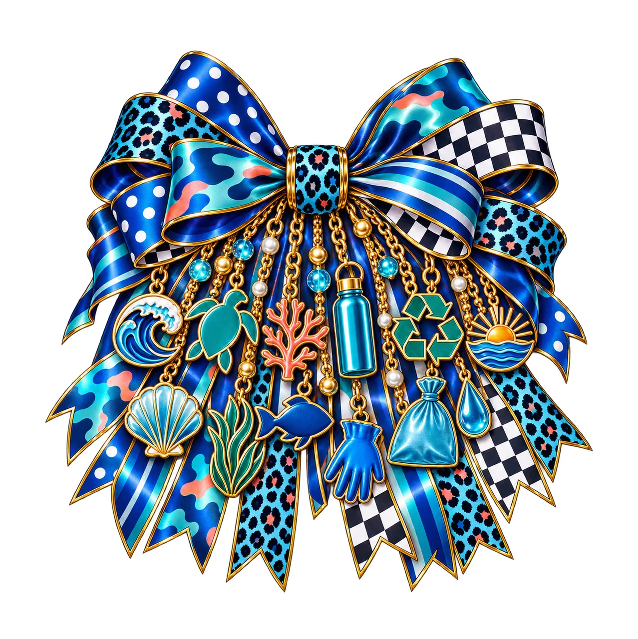 Ocean Conservation Bow Charm PNG, Gold Chain Charms, Transparent Sublimation Design, Digital Download