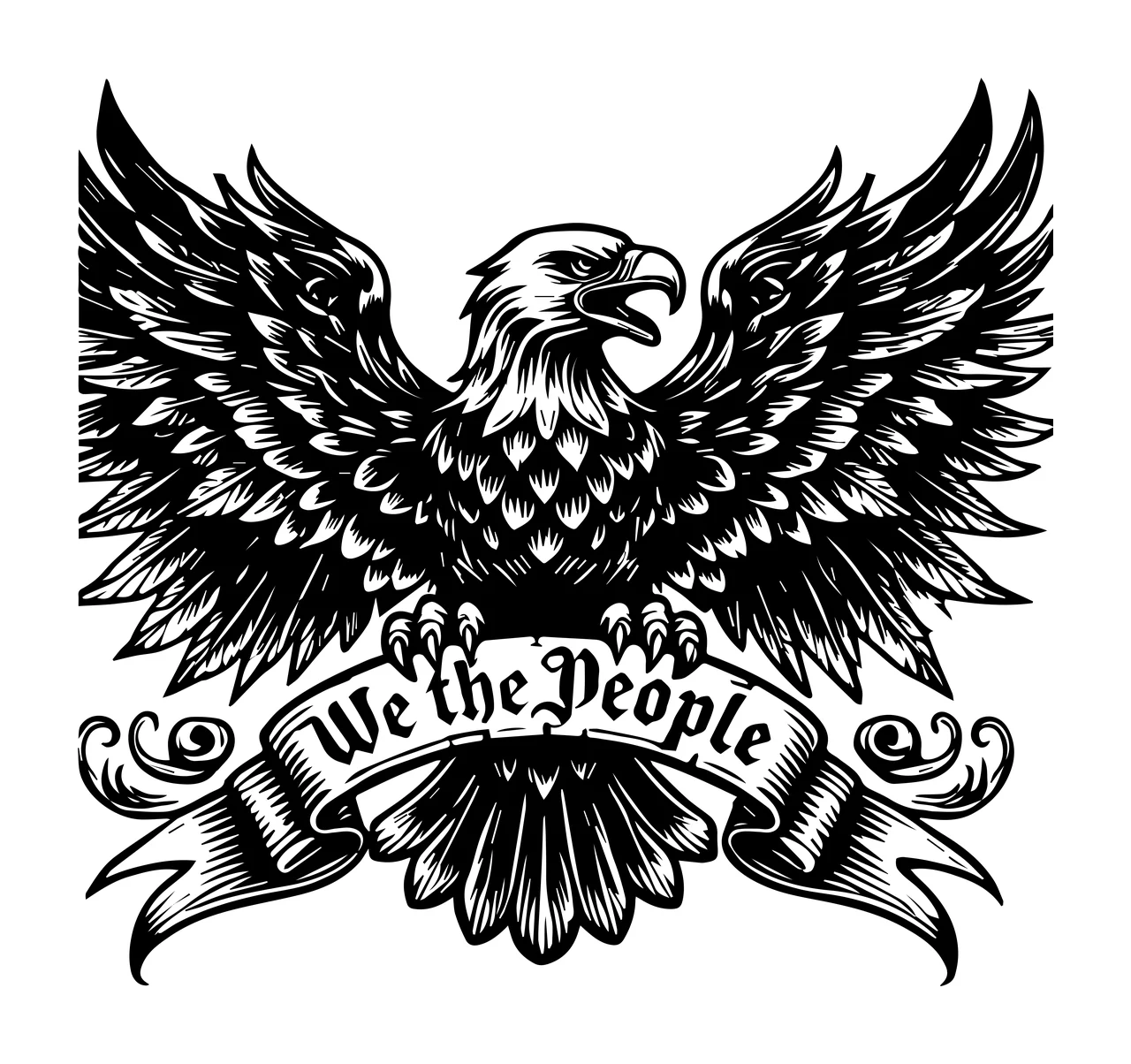 We The People Eagle Crest Flying banner Engraving black white