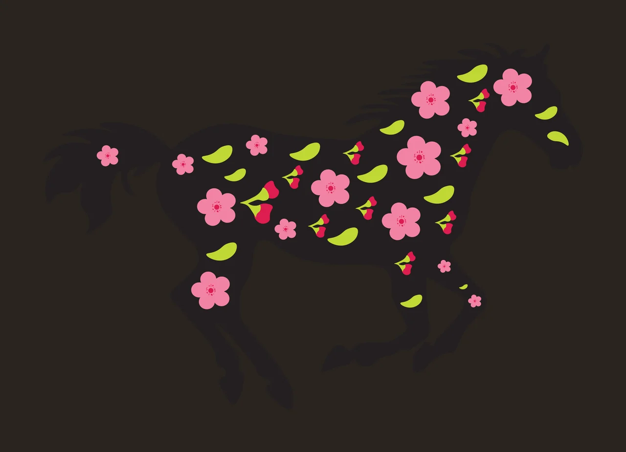 Horse silhouette Illustration with pink flowers and green leaves in black contrast preview thumbnail