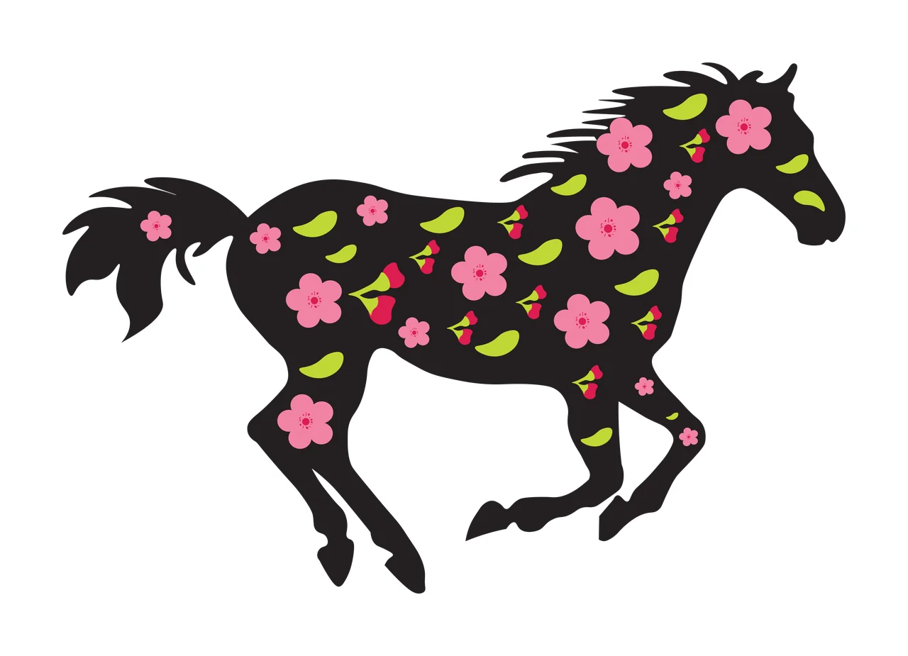 Horse silhouette Illustration with pink flowers and green leaves in black