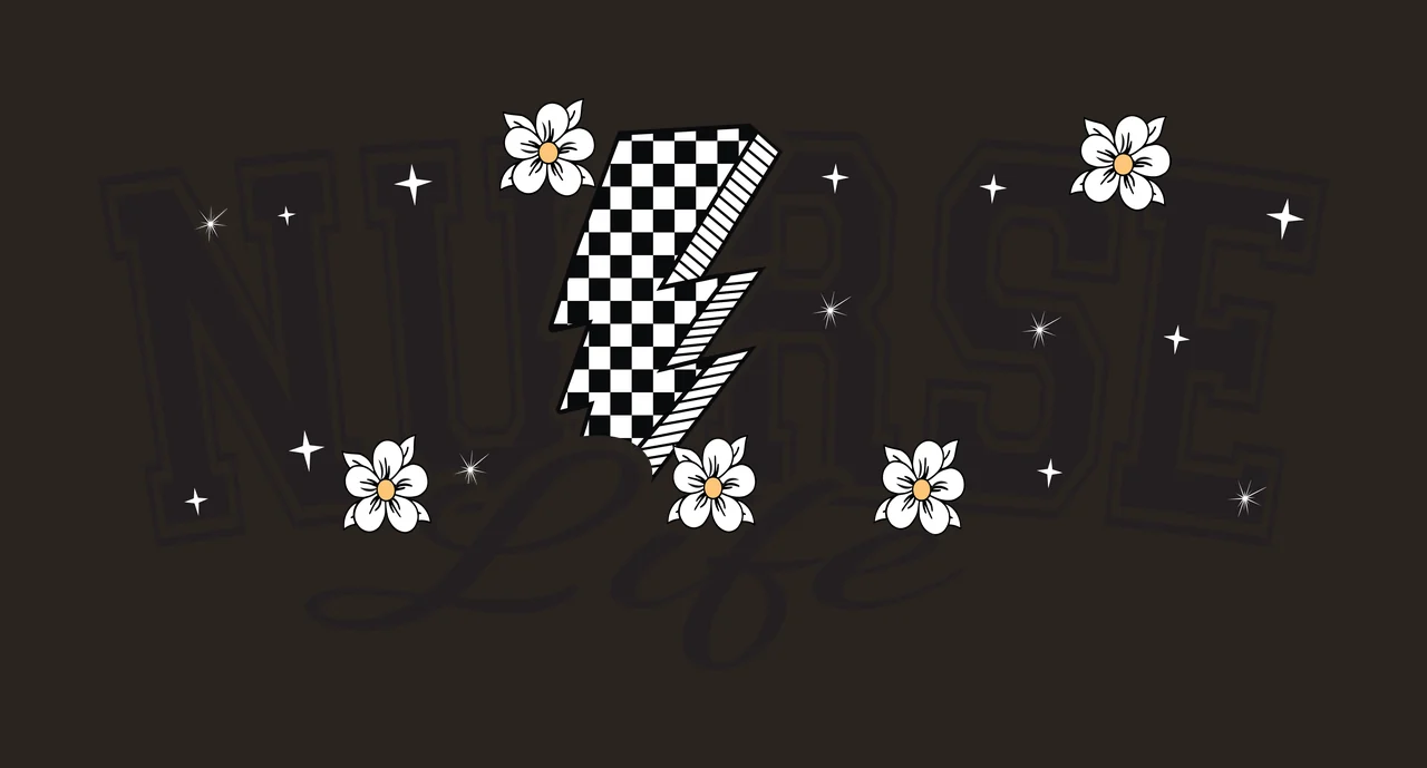Nurse Life Typography With Lightning words bolt flowers black contrast preview thumbnail
