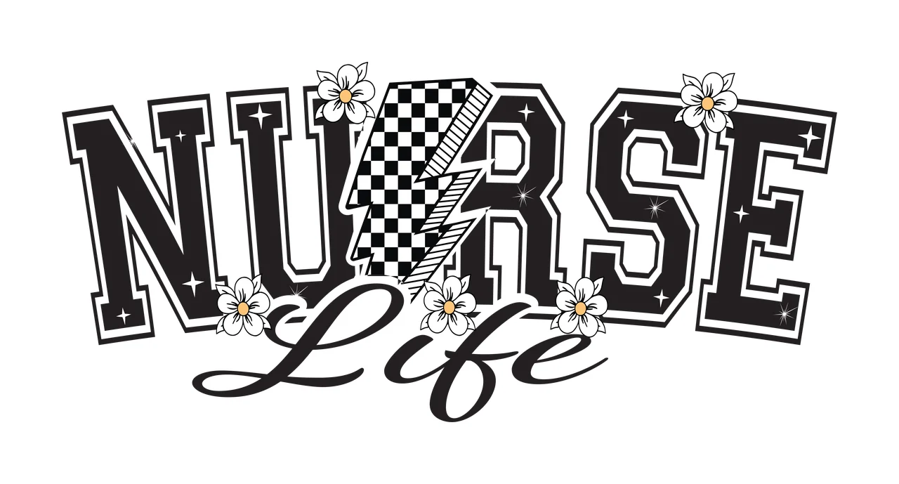Nurse Life Typography With Lightning words bolt flowers black