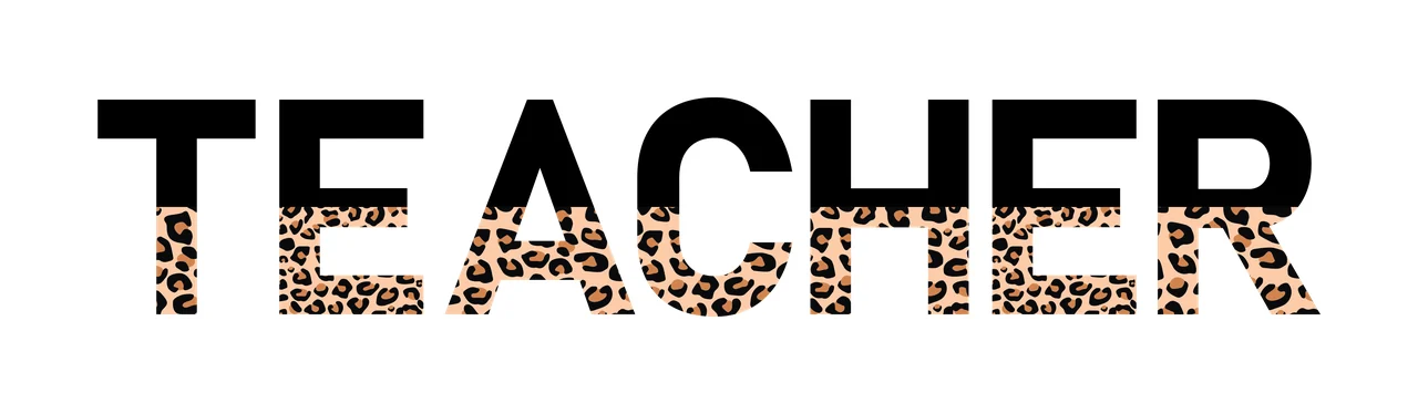TEACHER Typography Design with black letters, leopard print pattern and white background in tan and black spots