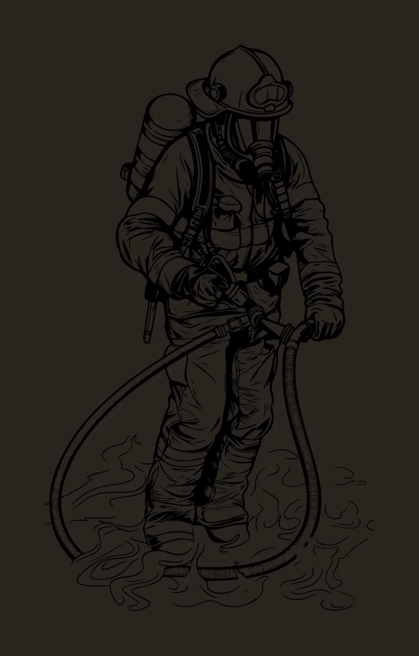 Firefighter Holding Hose In Smoke person helmet line art black contrast preview thumbnail