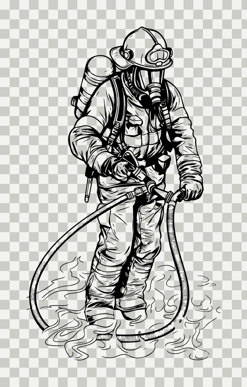 Firefighter Holding Hose In Smoke person helmet line art black transparency and detail preview thumbnail